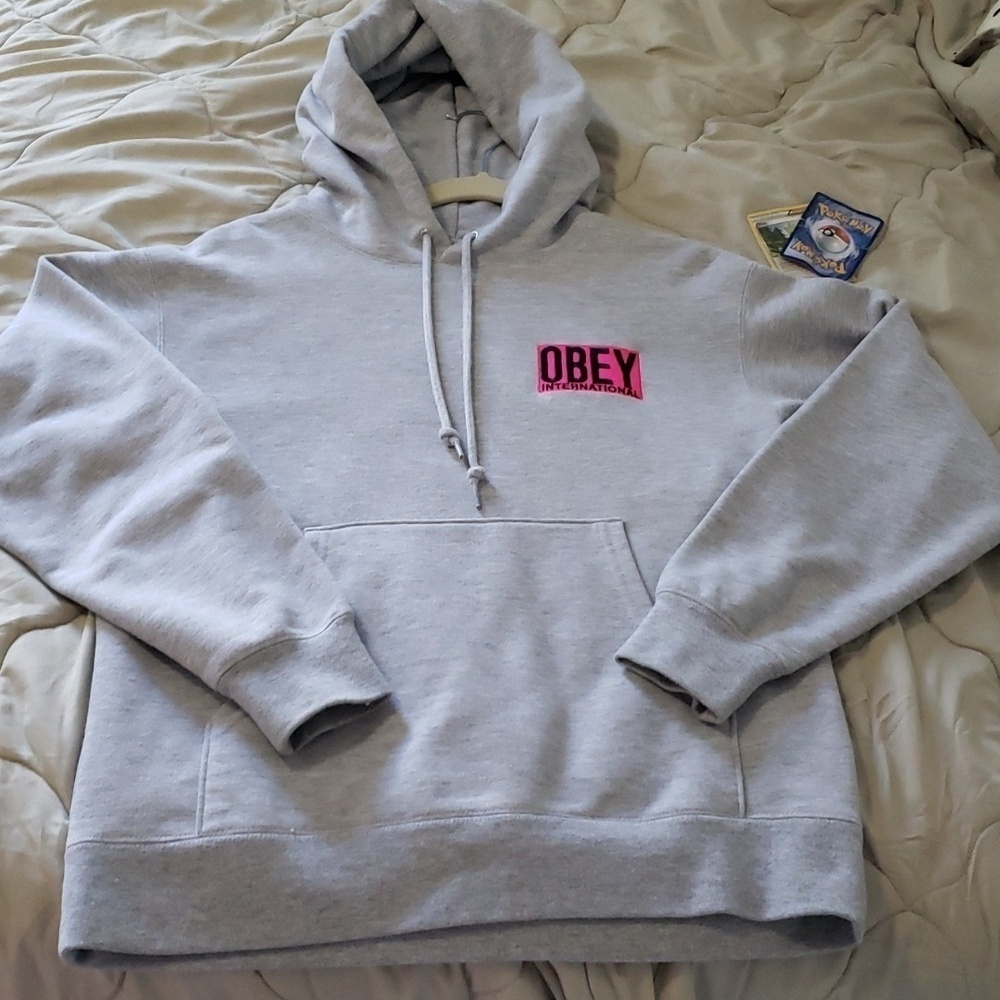 Obey worldwide women's fizz hood ash Heather grey hoodie sweater size small neon